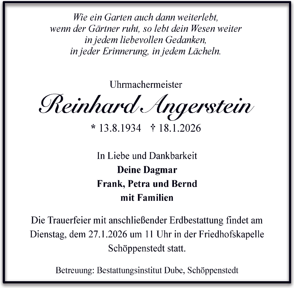  Traueranzeige für Reinhard Angerstein vom 24.01.2026 aus 