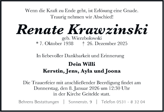 Traueranzeige von Renate Krawzinski von Braunschweiger Zeitung