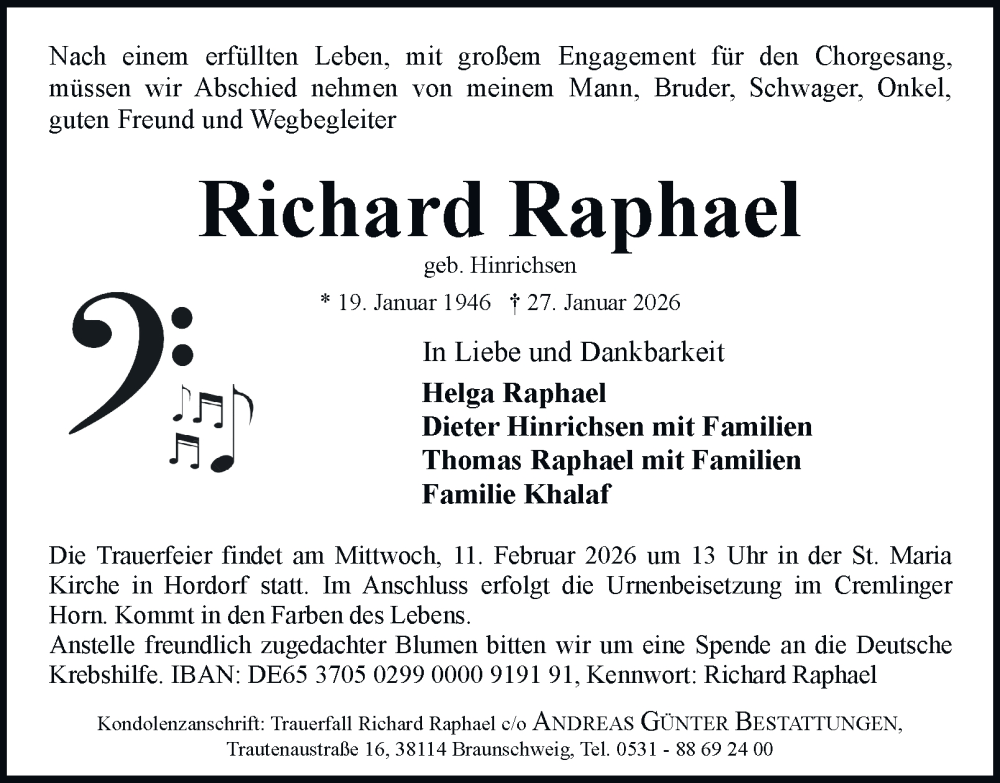  Traueranzeige für Richard Raphael vom 31.01.2026 aus Braunschweiger Zeitung, Braunschweiger Zeitung