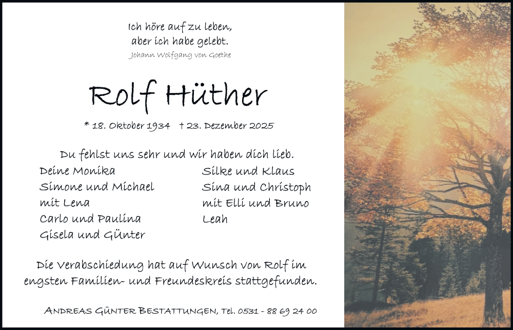  Traueranzeige für Rolf Hüther vom 24.01.2026 aus 