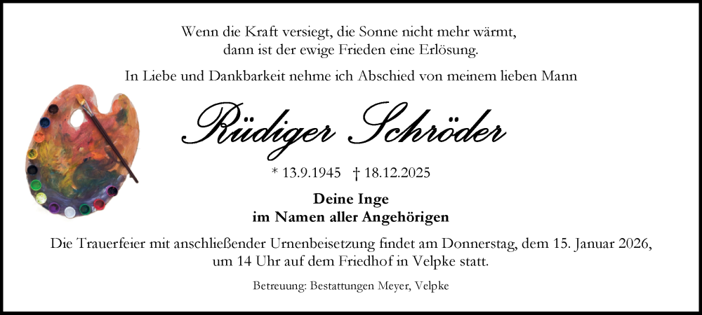  Traueranzeige für Rüdiger Schröder vom 10.01.2026 aus Braunschweiger Zeitung, Wolfsburger Nachrichten