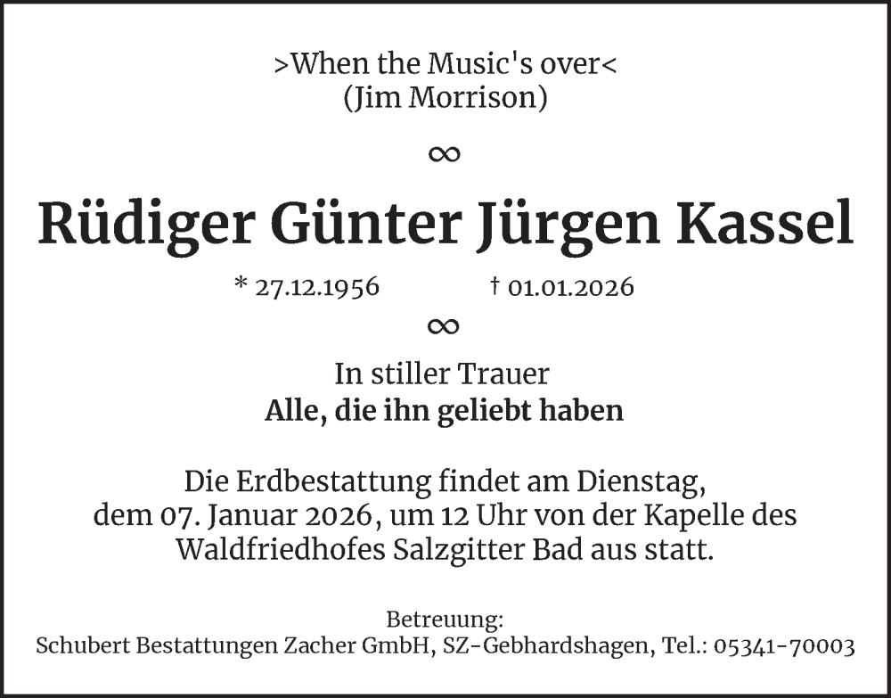  Traueranzeige für Rüdiger Günter Jürgen Kassel vom 05.01.2026 aus Salzgitter-Zeitung