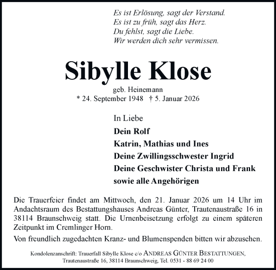 Traueranzeige von Sibylle Klose von Braunschweiger Zeitung