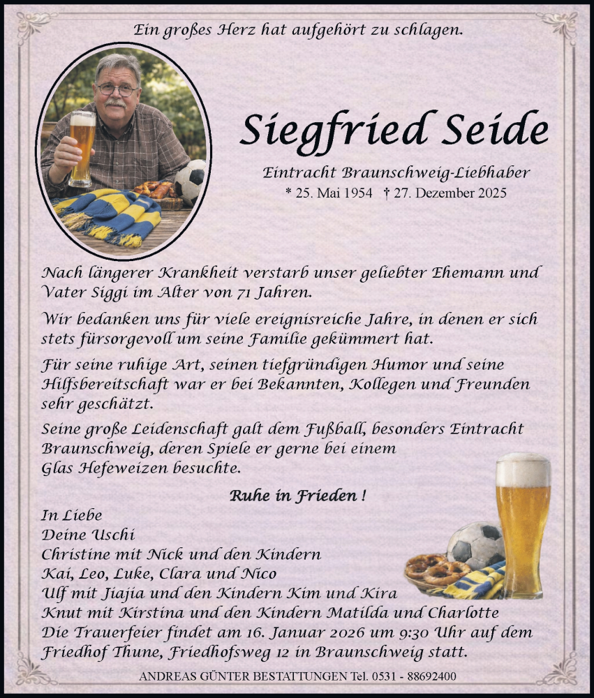  Traueranzeige für Siegfried Seide vom 03.01.2026 aus Braunschweiger Zeitung