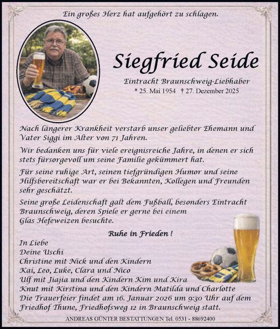 Traueranzeige von Siegfried Seide von Braunschweiger Zeitung