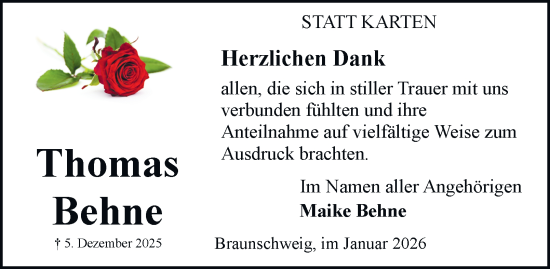 Traueranzeige von Thomas Behne von Braunschweiger Zeitung