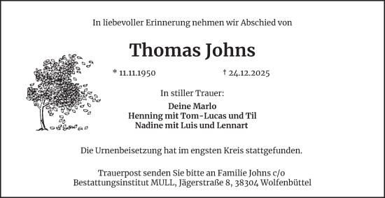 Traueranzeige von Thomas Johns 