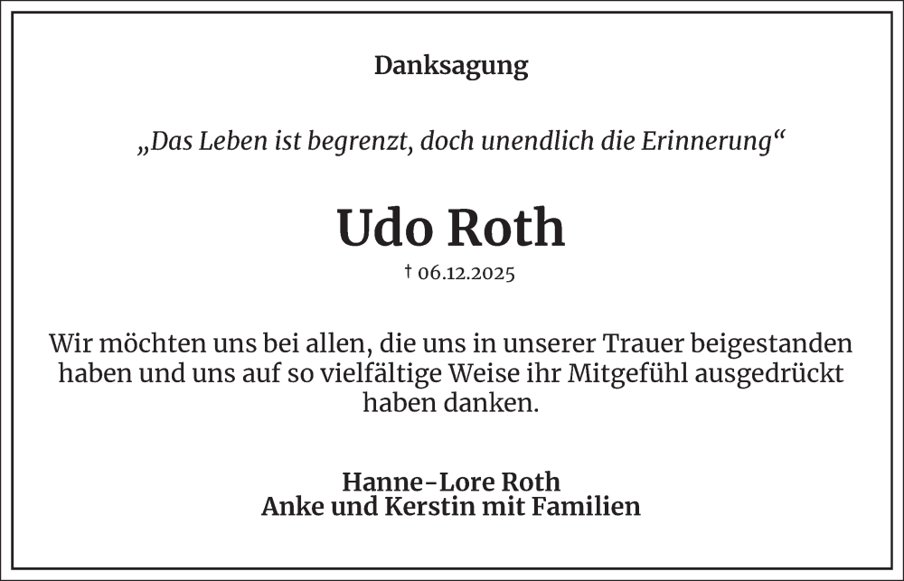  Traueranzeige für Udo Roth vom 17.01.2026 aus Salzgitter-Zeitung