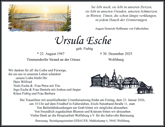 Traueranzeige von Ursula Esche von Braunschweiger Zeitung, Wolfsburger Nachrichten