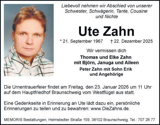 Traueranzeige von Ute Zahn von Braunschweiger Zeitung