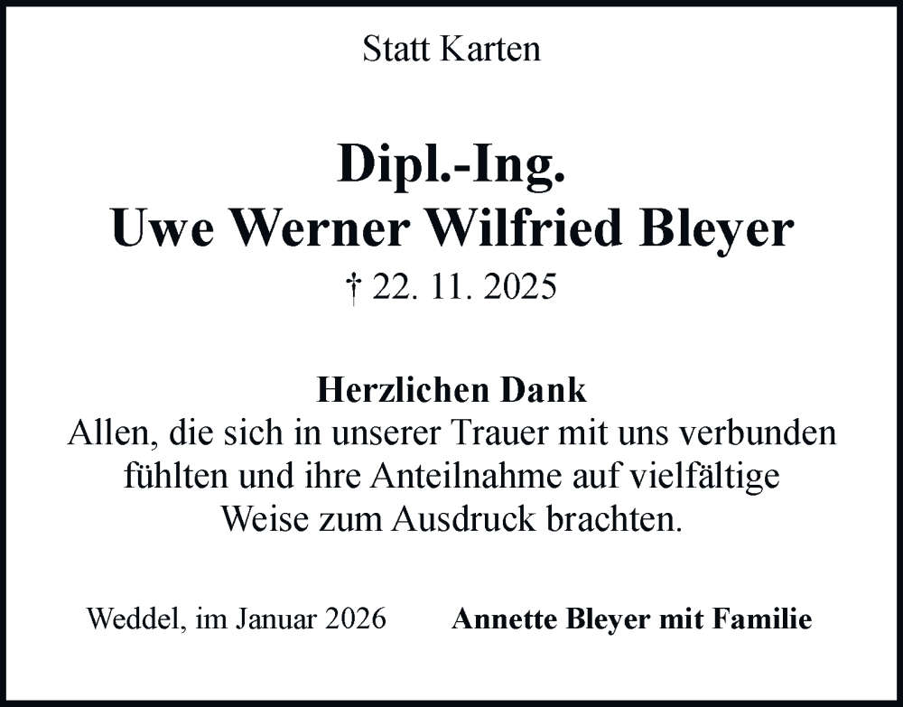  Traueranzeige für Uwe Werner Wilfried Bleyer vom 10.01.2026 aus Braunschweiger Zeitung
