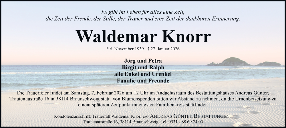  Traueranzeige für Waldemar Knorr vom 31.01.2026 aus Braunschweiger Zeitung, Braunschweiger Zeitung