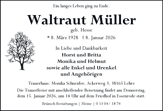 Traueranzeige von Waltraut Müller von Helmstedter Nachrichten