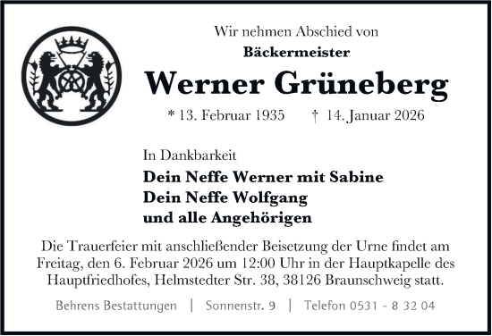 Traueranzeige von Werner Grüneberg von Braunschweiger Zeitung