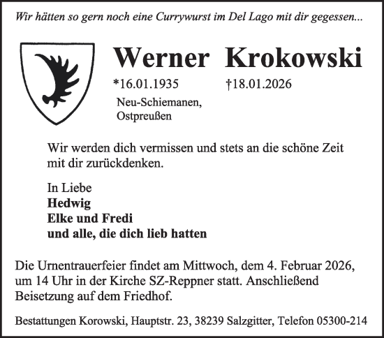Traueranzeige von Werner Krokowski von Salzgitter-Zeitung
