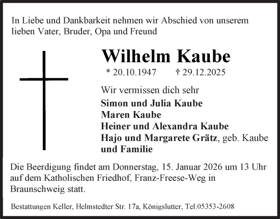 Traueranzeige von Wilhelm Kaube von Braunschweiger Zeitung