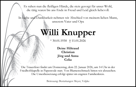 Traueranzeige von Willi Knupper von Braunschweiger Zeitung, Wolfsburger Nachrichten