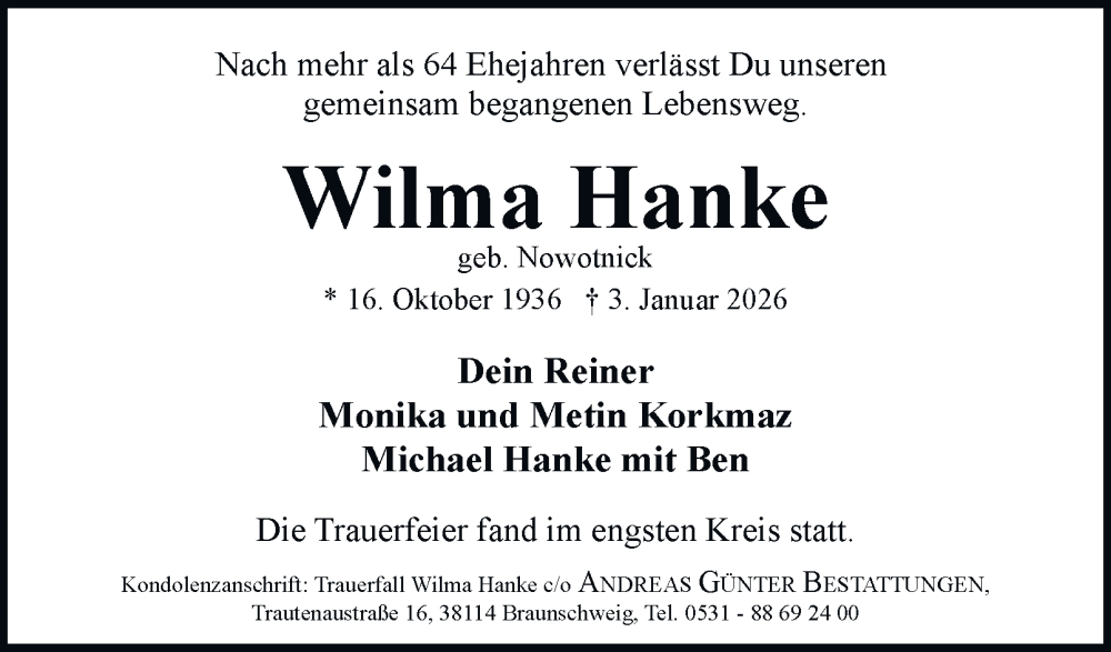  Traueranzeige für Wilma Hanke vom 24.01.2026 aus 