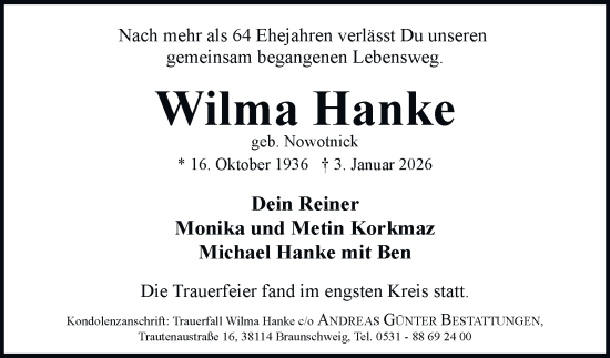 Traueranzeige von Wilma Hanke 
