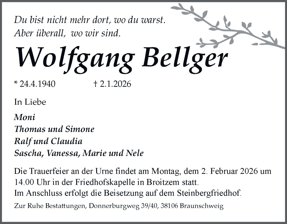  Traueranzeige für Wolfgang Bellger vom 24.01.2026 aus 