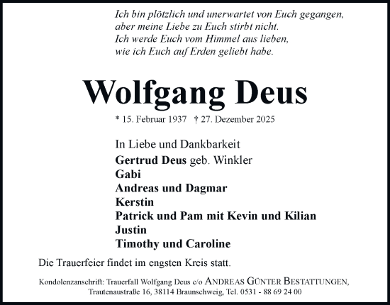 Traueranzeige von Wolfgang Deus von Braunschweiger Zeitung