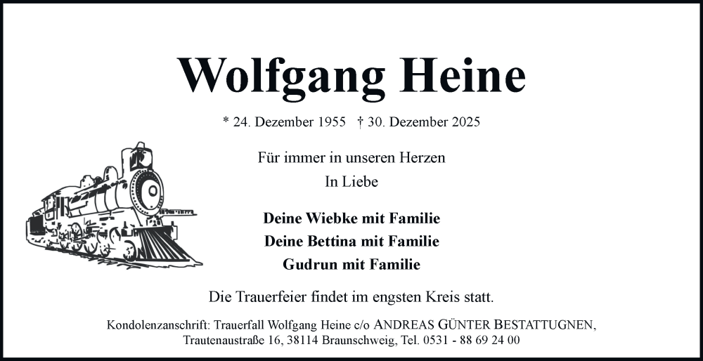  Traueranzeige für Wolfgang Heine vom 17.01.2026 aus Braunschweiger Zeitung