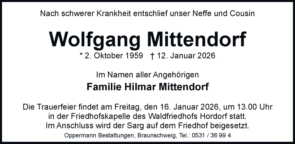  Traueranzeige für Wolfgang Mittendorf vom 15.01.2026 aus Braunschweiger Zeitung