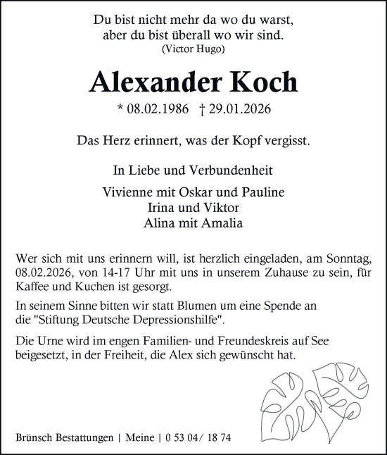 Traueranzeige von Alexander Koch von Helmstedter Nachrichten