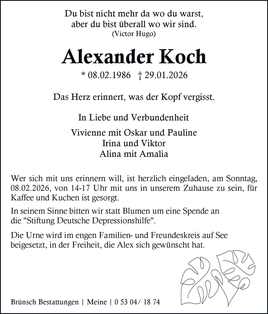  Traueranzeige für Alexander Koch vom 06.02.2026 aus Helmstedter Nachrichten