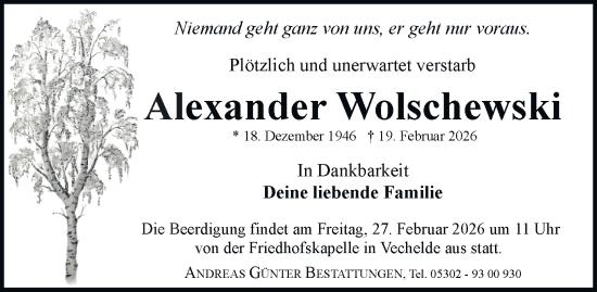 Traueranzeige von Alexander Wolschewski von Peiner Nachrichten