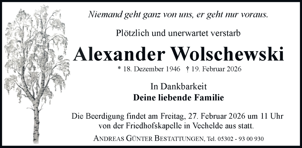  Traueranzeige für Alexander Wolschewski vom 25.02.2026 aus Peiner Nachrichten