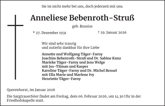 Traueranzeige von Anneliese Bebenroth-Struß von Helmstedter Nachrichten