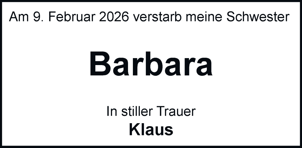  Traueranzeige für Barbara Brodack vom 14.02.2026 aus Braunschweiger Zeitung, Braunschweiger Zeitung