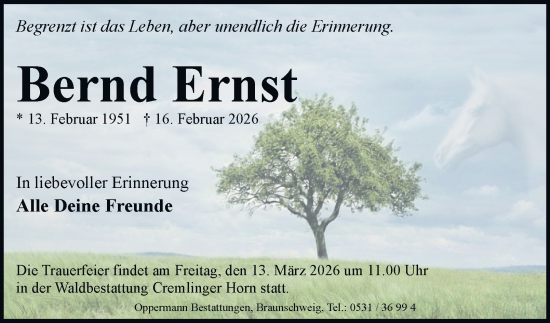 Traueranzeige von Bernd Ernst von Braunschweiger Zeitung, Braunschweiger Zeitung