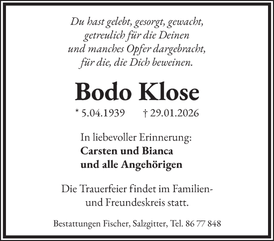 Traueranzeige von Bodo Klose von Salzgitter-Zeitung