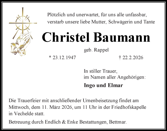 Traueranzeige von Christel Baumann von Peiner Nachrichten