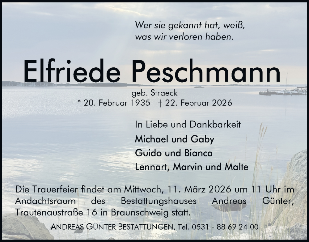 Traueranzeige für Elfriede Peschmann vom 28.02.2026 aus Braunschweiger Zeitung, Braunschweiger Zeitung