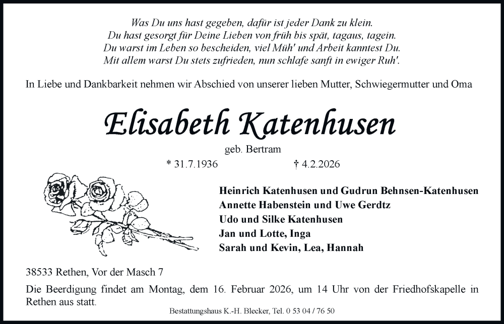  Traueranzeige für Elisabeth Katenhusen vom 11.02.2026 aus Braunschweiger Zeitung, Wolfsburger Nachrichten