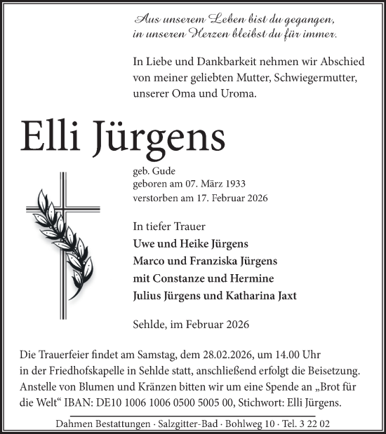 Traueranzeige von Elli Jürgens von Salzgitter-Zeitung