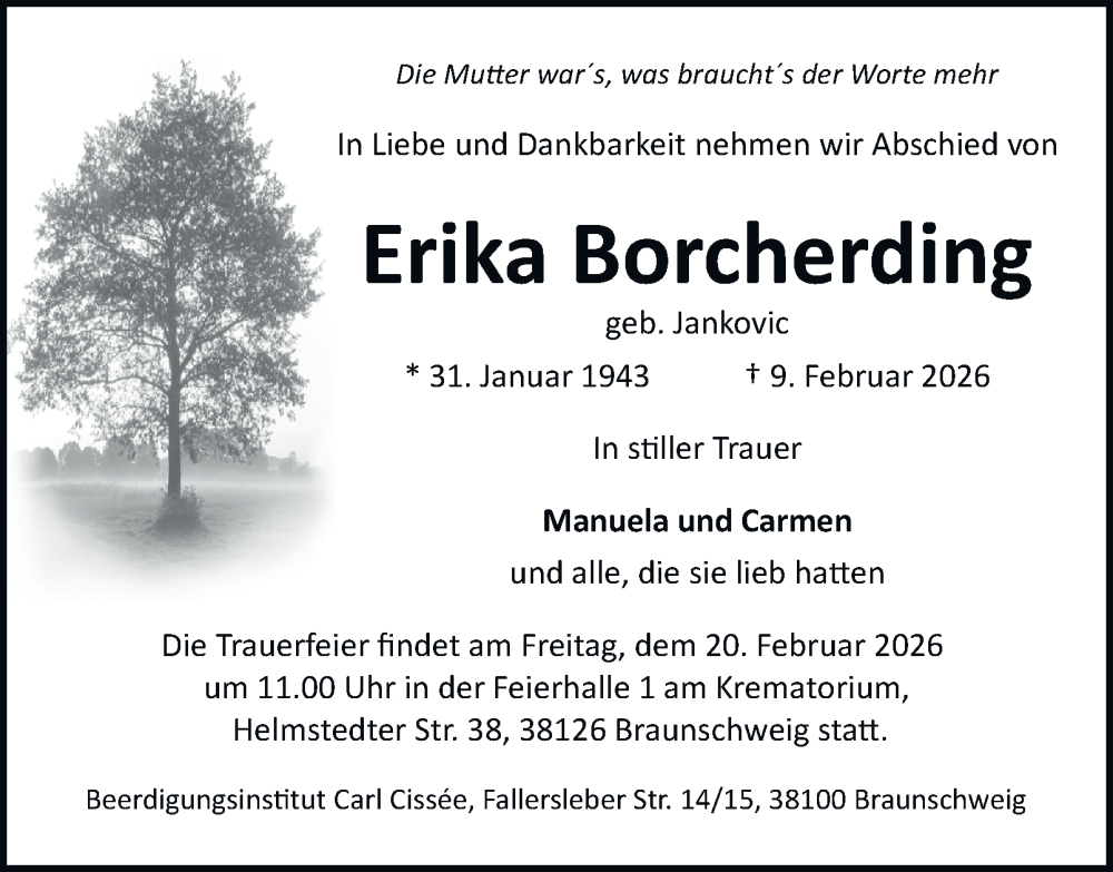  Traueranzeige für Erika Borcherding vom 14.02.2026 aus Wolfenbütteler Zeitung