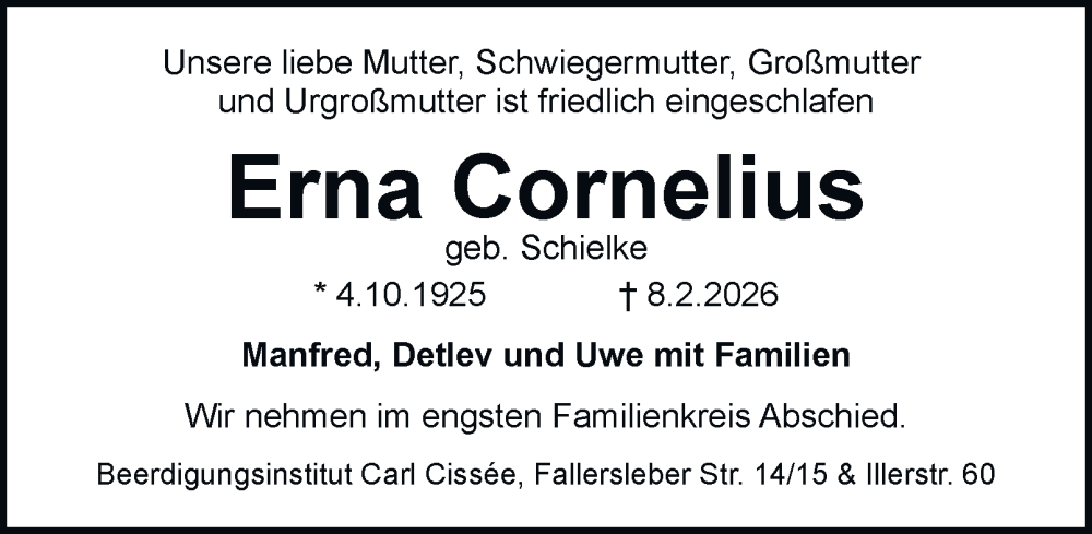  Traueranzeige für Erna Cornelius vom 14.02.2026 aus Braunschweiger Zeitung, Braunschweiger Zeitung