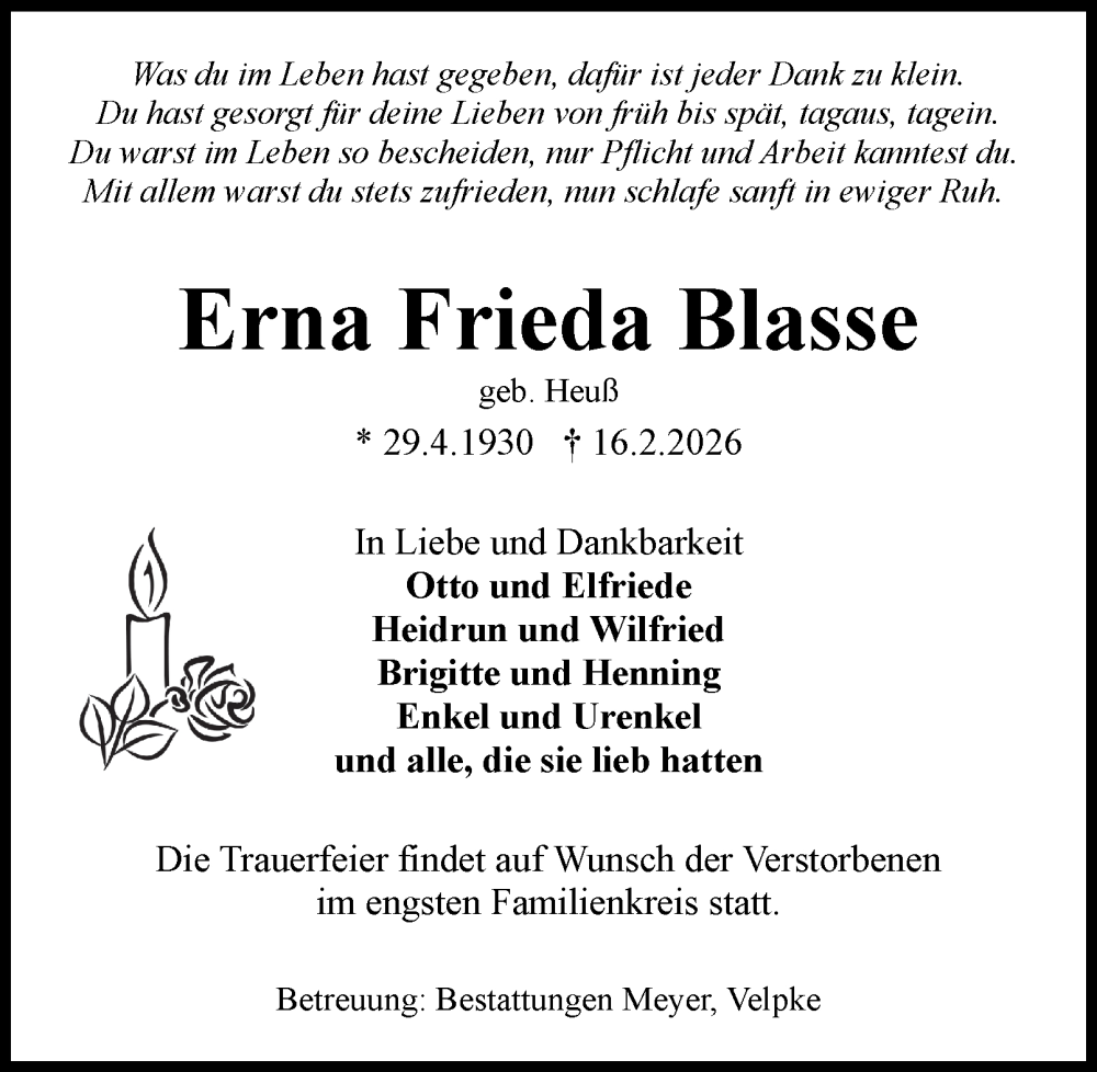  Traueranzeige für Erna Frieda Blasse vom 21.02.2026 aus Braunschweiger Zeitung, Wolfsburger Nachrichten