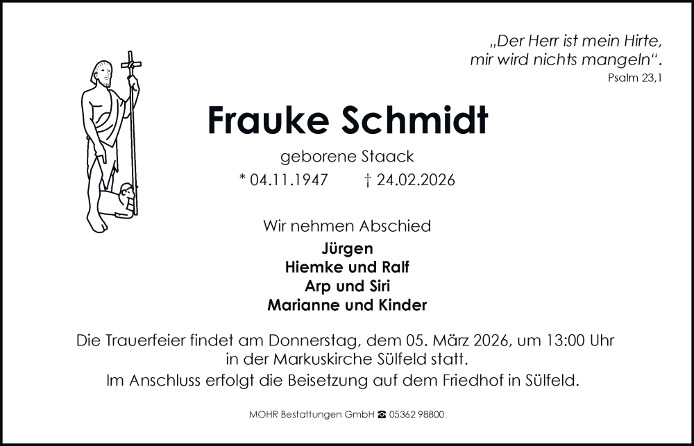  Traueranzeige für Frauke Schmidt vom 28.02.2026 aus Braunschweiger Zeitung, Wolfsburger Nachrichten