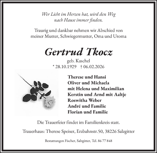 Traueranzeige von Gertrud Tkocz von Helmstedter Nachrichten