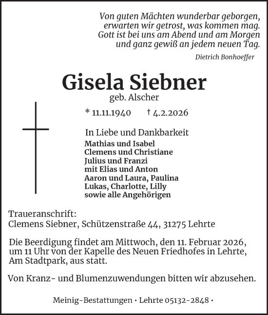 Traueranzeige von Gisela Siebner von Helmstedter Nachrichten