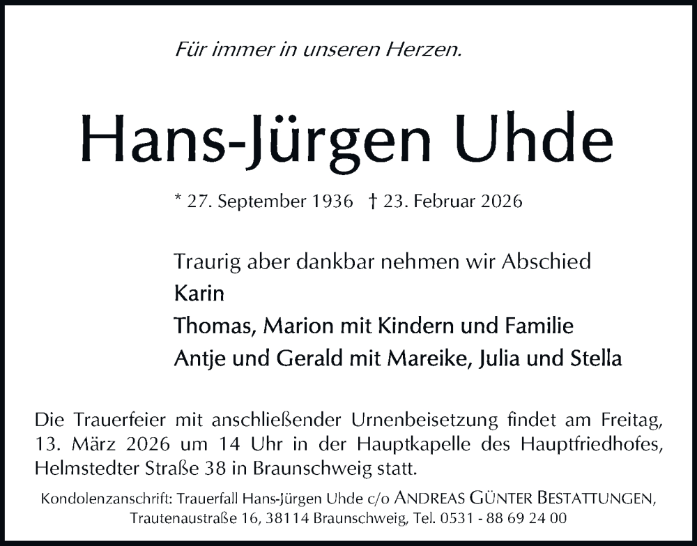  Traueranzeige für Hans-Jürgen Uhde vom 28.02.2026 aus Braunschweiger Zeitung, Braunschweiger Zeitung