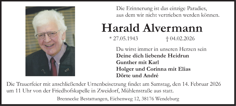  Traueranzeige für Harald Alvermann vom 10.02.2026 aus Braunschweiger Zeitung, Braunschweiger Zeitung