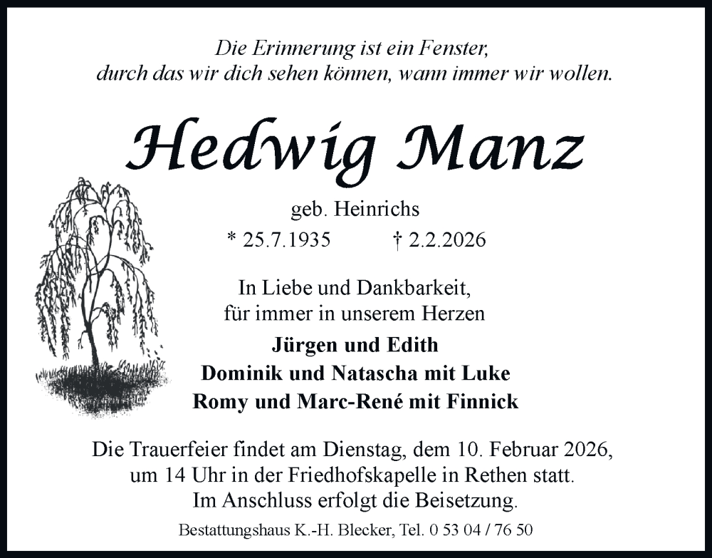  Traueranzeige für Hedwig Manz vom 07.02.2026 aus Braunschweiger Zeitung, Wolfsburger Nachrichten