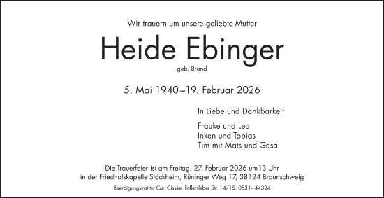 Traueranzeige von Heide Ebinger von Braunschweiger Zeitung, Braunschweiger Zeitung