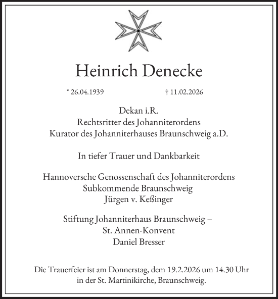 Traueranzeige von Heinrich Denecke von Braunschweiger Zeitung, Braunschweiger Zeitung
